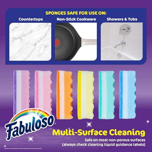 Fabuloso Scratch-Free Kitchen Dish Sponges, Rainbow Cellulose Scrubber Sponge with Scouring Pad for Dishes, Pots, Pans, Counters and Sinks, Tough on Messes, 4.25 x 2.75 x 1.25 in, 12 Count - color: Rainbow, size: 12 Count (Pack of 1)