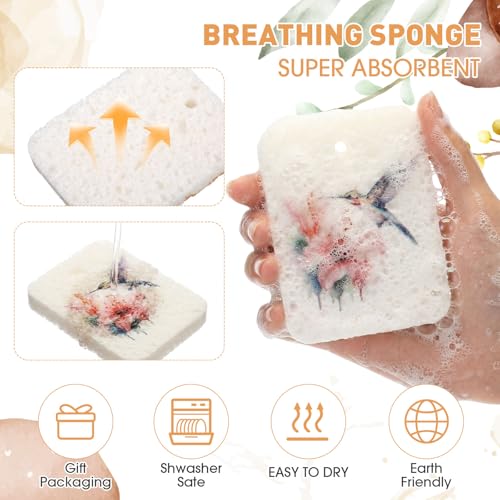 Maxdot 50 Counts Compressed Cellulose Sponges Bulk Fruits Style Natural Kitchen Compostable Non Scratch Dish Sponges for Washing Dishes, Cleaning Countertop Sink, Kids DIY - style: Flower Bird Style