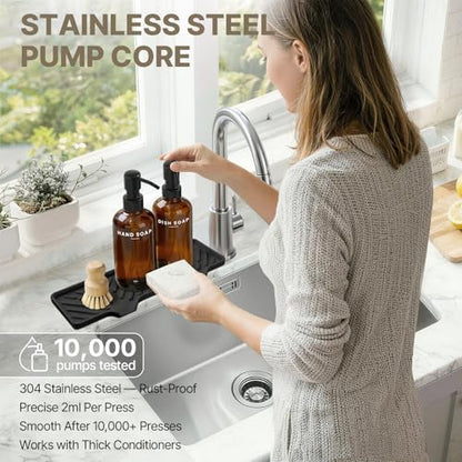 Kitchen Soap Dispenser Set - Dish Soap Dispenser for Kitchen with Self Drain Tray, 17oz Glass Bottle, Stainless Steel Pump, Sponge, and Dish Brush- Amber - color: Amber Bottle + Black Pump