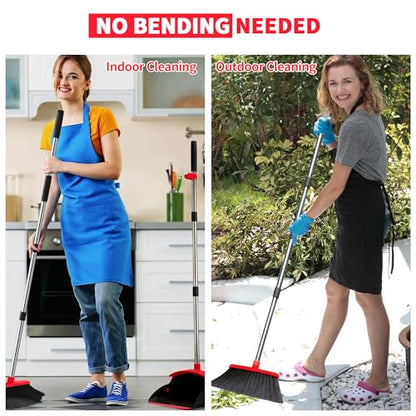 Broom with Dustpan Combo Set, Dust Pans with Long Handle for Upright Sweeping, Standing Broom and Dustpan Set with Self-Cleaning Teeth for Home, Kitchen & Office Floors(Red & Black) - color: Red & Black