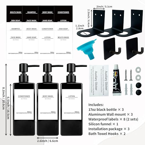 Shampoo Dispenser for Shower Wall, Shampoo and Conditioner Dispenser with 16 Waterproof Labels, No Drill Shower Soap Dispenser Bathroom, Shower Soap Dispenser Wall Mounted 3 Chamber, 17oz,Black - color: Black Bottle + Black Pump