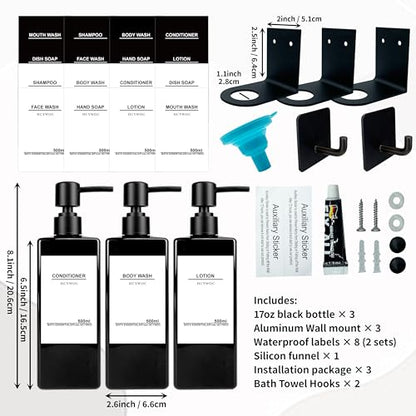 Shampoo Dispenser for Shower Wall, Shampoo and Conditioner Dispenser with 16 Waterproof Labels, No Drill Shower Soap Dispenser Bathroom, Shower Soap Dispenser Wall Mounted 3 Chamber, 17oz,Black - color: Black Bottle + Black Pump