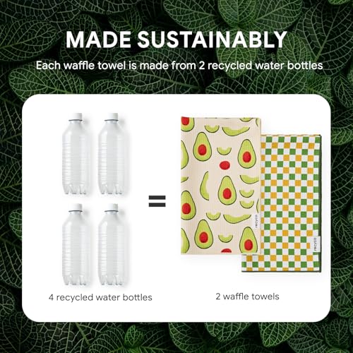 RECYCO Waffle Kitchen Towel Set of 2 - Quick Dry Microfiber Sustainable Dish Towels - Ultra Absorbent Reusable Cleaning Tea Towels - Lightweight Hand Towels,16”x 28”, Avocado Vibes - color: Avocado Vibes