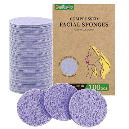 100-Count Compressed Facial Sponges for Washing face, Natural Cellulose Cosmetic Makeup Sponge for Facial Cleansing, Slight Exfoliating, Makeup Removal-(Purple Round Sponge) - color: Purple-round