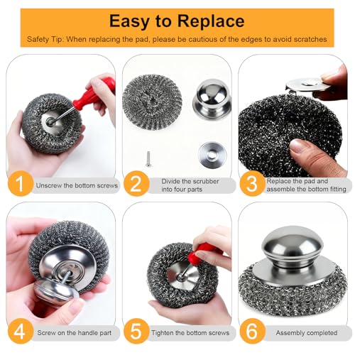 6pcs Steel Wool Scrubber with Replacement Wire Sponge Pads Set, Stainless Steel Scrubber for Dishes, Perfect for Cleaning Metal Pans, Pots, Grills & More, Sink(1 Scrubber+5 Pads)