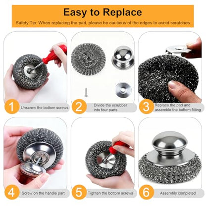 6pcs Steel Wool Scrubber with Replacement Wire Sponge Pads Set, Stainless Steel Scrubber for Dishes, Perfect for Cleaning Metal Pans, Pots, Grills & More, Sink(1 Scrubber+5 Pads)