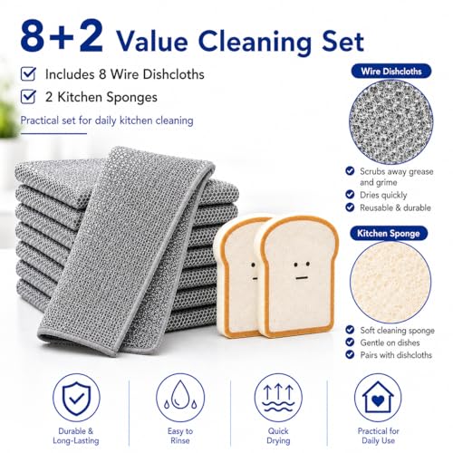 Non Scratch Wire Dishcloths 8 Pack with 2 Kitchen Sponges, Reusable Double Layer Wire Cleaning Cloths for Pots, Pans, Dishes, Sinks and Stove Tops - color: 8+2 Set