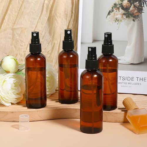 60 Pack 4 Oz Amber Plastic Spray Bottles, Fine Mist Refillable Empty Travel Bottles for Essential Oils, Perfume, Toner & Cleaning Solutions