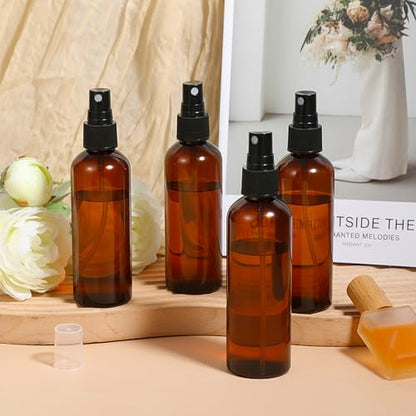 60 Pack 4 Oz Amber Plastic Spray Bottles, Fine Mist Refillable Empty Travel Bottles for Essential Oils, Perfume, Toner & Cleaning Solutions