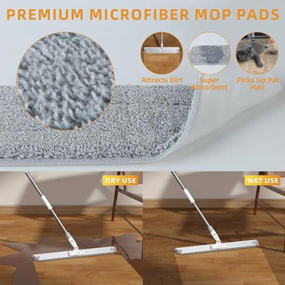 Flat Microfiber Mop for Floor Cleaning, 18 inch (17.7 in/45 cm) Aluminum Base, Adjustable Stainless Steel Handle 29.5 to 52 in, 360-Degree Swivel, Dry & Wet, 4 Washable Pads - LJGG - size: 17.7 INCH