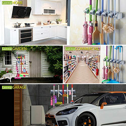LETMY Broom Holder Wall Mounted - Mop and Broom Hanger Holder - Garage Storage Rack & Garden Tool Organizer - 5 Position 6 Hooks for Home, kitchen, Garden, Tools, Garage - color: Gray