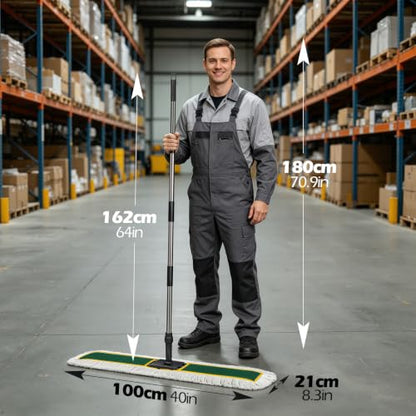 MASTERTOP 40" Commercial Dust Mop for Floor Cleaning, Heavy Duty Flat Mop | Industrial 64" Long Handle Push Broom with 2 Cotton Pads for Hardwood, Tile, Laminate, Concrete, Warehouse & Gym Cleaning - color: Green(40"*8.3")