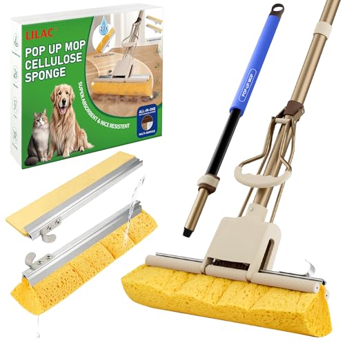 LILAC Cellulose Sponge mop with 2 Replacement Sponge Heads, 4-Color Handle Choices for Zoned Cleaning, Super Absorbent Pop Up Roller Mop Sponge for Hardwood,Laminate Floors (Blue Hand) - size: blue hand