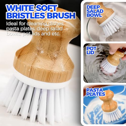 Holikme 6 Pack Dish Brush Scouring Pad Set with Bottle Brush, Dish Brush, Palm Scrub Brush and Straw Brush, Dish Scrubber Long Handle for Dish Bottle Cup Skillet Wok Pot Pan Cast Iron, White - color: White