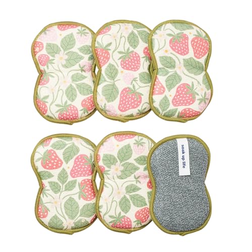 Sponge Set in Strawberry, 6 Pack Super Absorbent Washable Reusable Cleaning Sponges Made from Recycled Materials, Durable Eco Friendly Kitchen Sponges - color: Strawberry