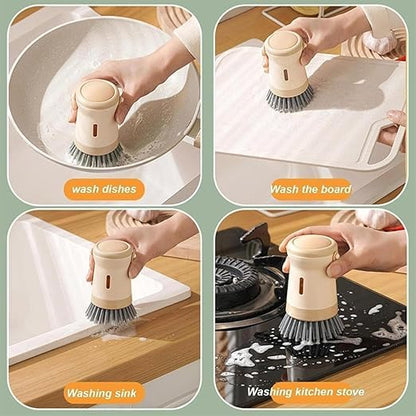 1 Pc Dish Brush with Soap Dispenser, Multifunctional Kitchen Cleaning Brush for Pots, Pans & Sinks, 2-in-1 Scrubbing Brush with Built-in Soap Dispenser(Khaki)