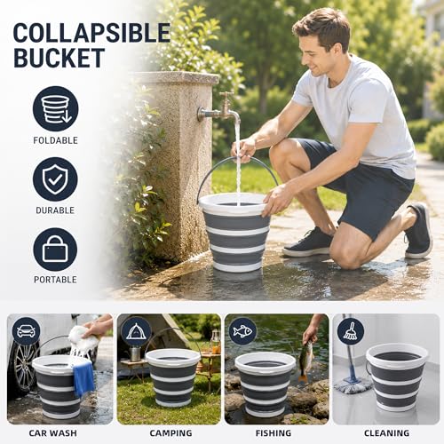 10L Round Collapsible Bucket, 2.6 Gallon Portable Folding Water Container with Handle for Camping, Fishing, Hiking, Travel & Gardening