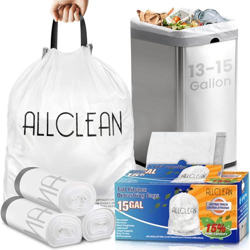 Trash Bags 15 Gallon Tall Kitchen Drawstring Garbage Bags,Fit 13-15 Gal Bins,Extra Strong&Leak-Proof,Unscented&Recyclable Trash Can Liners for Home Office Industrial Bathroom Garden Lawn - style: 13-15 Gallon-White