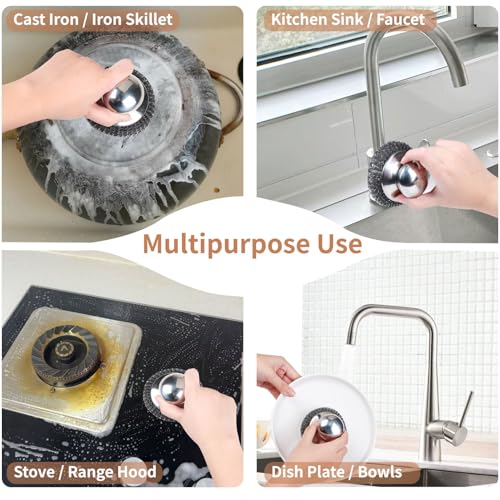 6Pcs Steel Wool Scrubber with Replacement Wire Pads Set, Stainless Steel Scrubber with Handle for Scouring Stubborn Messes from Cast Iron, Pots, Pans, Grill, Stoves, Sink(1 Scrubber+5 Pads)