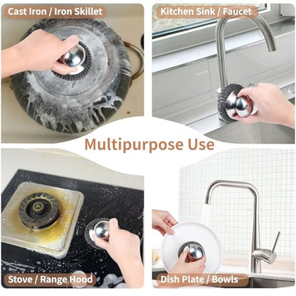 4pcs Steel Wool Scrubber with Replacement Wire Sponge Pads Set, Stainless Steel Scrubber with Handle for Scouring Stubborn Messes from Cast Iron, Pots, Pans, Grill, Stoves, Sink(2 Scrubber+2 Pads)
