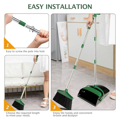 Broom and Dustpan Set with Long Handle, Light Weight Stainless Steel Poles Stand Upright Dustpans with Broom Combo for Home Kitchen Office Pet Dog Hair, 1-Pack(Black Green) - color: Black Green