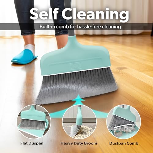 BLACK+DECKER Butler Broom & Dustpan Set - Short Handle, Stand-Up Design - Lightweight, Space-Saving Combo for Kitchen, Living Room, Bathroom, Lobby Floors - Home Cleaning Essential, Teal/Grey - size: Teal Butler Broom & Dustpan