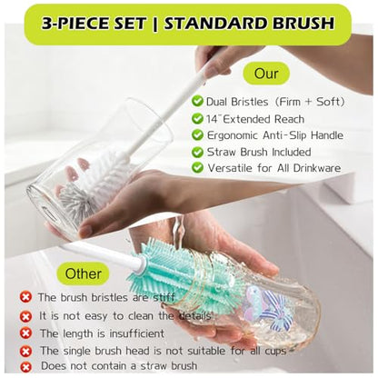 2 Pack 14 Inch Bottle Brush & 12 Inch Straw Brush Cleaner Set - Heavy Duty Kitchen Bottle Brushes for Cleaning Water Bottles, Mugs, Sippy Cups & Tumblers, Lab Use (Large) - size: with 10mm Straw Brush