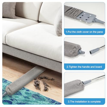 Retractable Gap Dust Cleaner with 15-98 Inch Extension Pole, Flat Duster for Under Appliances and Furniture, Includes 2 Washable Microfiber Pads for High Ceilings and Hard to Reach Spaces