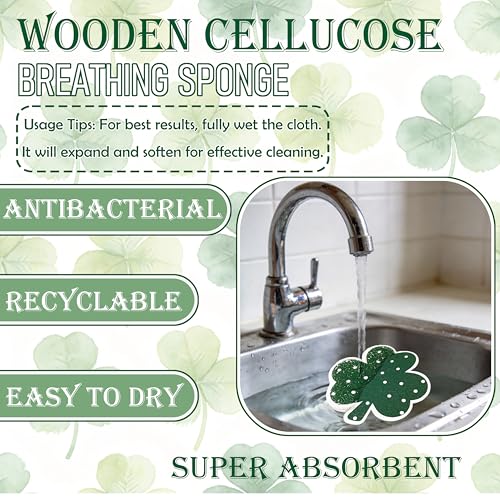 8Pcs St. Patrick's Day Kitchen Sponges Shamrock Clover Shaped Non Scratch Dish Washing Sponges Dot Pattern in 4 Colors for Irish Home Kitchen Cleaning