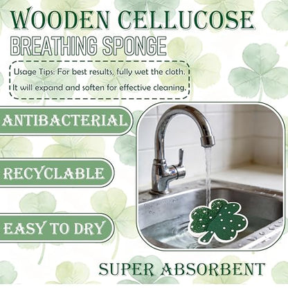 8Pcs St. Patrick's Day Kitchen Sponges Shamrock Clover Shaped Non Scratch Dish Washing Sponges Dot Pattern in 4 Colors for Irish Home Kitchen Cleaning