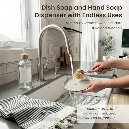 MaisoNovo Glass Hand Soap Dispenser | Dish Soap Dispenser for Kitchen | 16.9oz Clear Bottles with White Bamboo Pump | Bathroom Lotion Dispenser - color: Single Clear Bottle/ White Bamboo Pump