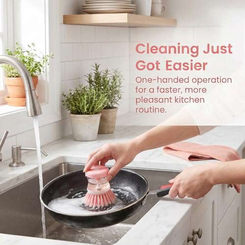 2 Pack Dish Brush with Soap Dispenser for Dishes Pot Pan Kitchen Sink Scrubbing Easy to Clean Kitchen Utensils,Pink - color: Pink