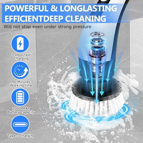 PUNOMO Electric Spin Scrubber, Cordless Bathroom Cleaning Brush with 8 Replaceable Heads & Adjustable Handle, IPX7 Waterproof Shower Scrubber with LCD Display, 2 Speeds for Bathtub, Floor, Tile