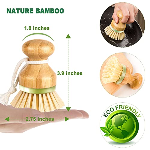 Bamboo Dish Brush, Scrub Brush for Dishes Pots Pans Kitchen Sink Cast Iron Skillet Cleaning, Pack of 2