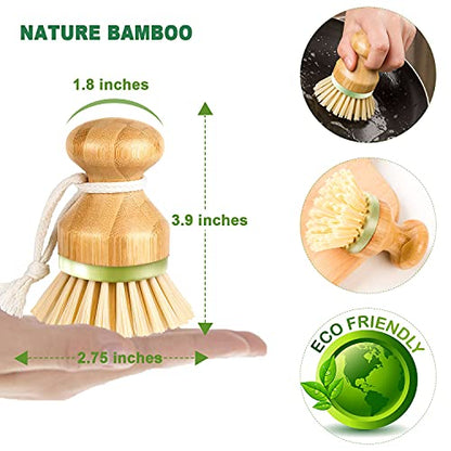 Bamboo Dish Brush, Scrub Brush for Dishes Pots Pans Kitchen Sink Cast Iron Skillet Cleaning, Pack of 2