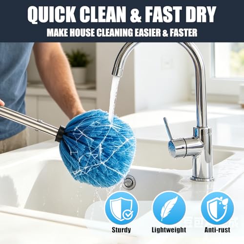 Cobweb Duster with 5FT Extension Pole, Adjustable Stainless Steel Handle & Stiff Bristles – Lightweight Dusting Brush for Indoor/Outdoor Cleaning –Ceiling Fans,Corners,Eaves,Vents,Cleans Up to 12FT - size: 5 FT（REACH UP TO 12FT）