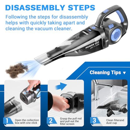 DEKOPRO 22V Upgraded Handheld Vacuum – Cordless & Rechargeable Car Vacuum Cleaner with LED Light, Strong Suction Mini Vacuum for Pet Hair & Dust, Includes Multi Nozzles for Wet/Dry Cleaning