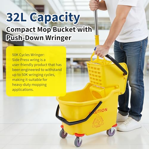 Commercial Mop Bucket with Wheels and Side Press Wringer, 35 Quart Large Capacity Floor Cleaning System for Janitorial, Kitchen, Restaurant, Office & Industrial Use, Yellow