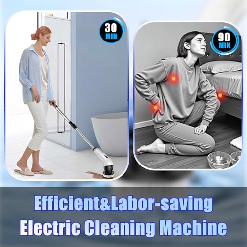 Electric Spin Scrubber, Cordless Bathroom Scrubber Brush with 9 Replaceable Heads,3-Speed Electric Scrubber with Adjustable Handle,IPX7 Shower Scrubber for Bathroom Tile,Kitchen Countertop,Car Trunk