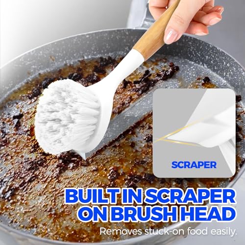 Holikme 3 Pack Dish Brush Set with Bamboo Handle, Kitchen Cleaner for Cleaning Pasta Plate, Salad Bowl, Scrubber with Soft Bristles, White - color: White