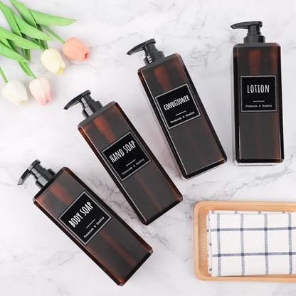 Segbeauty 33.8oz Empty Amber Hand Soap Dispensers, 4pcs Large Plastic Lotion Pump Bottle with Labels, Refillable Square Pump Bottles for Shampoo and Conditioner, 1000ml Bathroom Body Wash Container - color: Amber, style: 4pcs