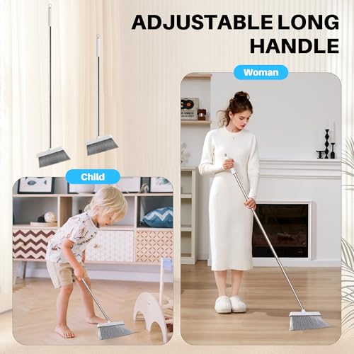 JOYMOOP White Broom and Dustpan Set, Upright Angle Design with Built-in Comb Teeth for Kitchen, Office, Pet Hair, Hard Floors - color: White & Grey