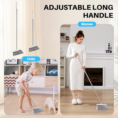 JOYMOOP White Broom and Dustpan Set, Upright Angle Design with Built-in Comb Teeth for Kitchen, Office, Pet Hair, Hard Floors - color: White & Grey