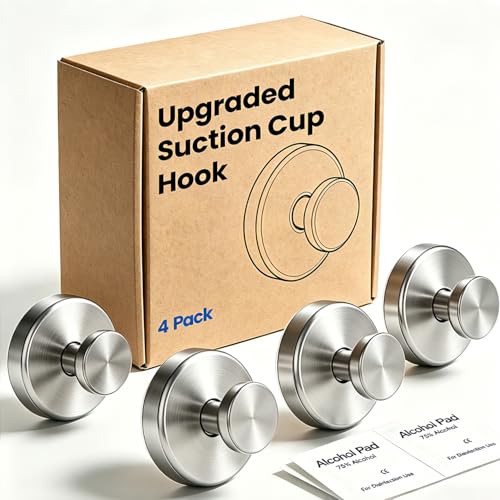 Suction Cup Hooks for Shower: Brushed Nickel Towel Hooks for Bathrooms, Adhesive Hooks - Drill Free, No Damage Wall Hooks for Hanging, Removable Wreath Hanger for Inside Shower, Closet, Robe (4 Pack) - color: Brushed Nickel