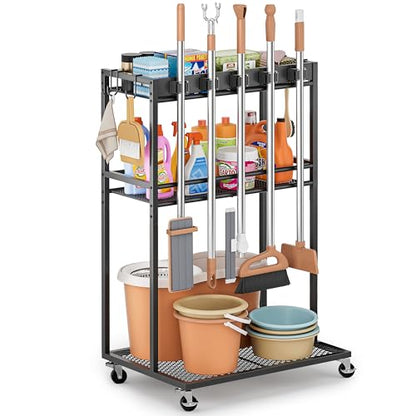 Broom Holder with Cleaning Supplies Organizer, Broom Closet Storage Cabinet with Mop Hanger Gripper Rack Hooks, Cleaning Housekeeping Janitorial Cart with Cleaning Caddy, Laundry Room Organization - size: Regular