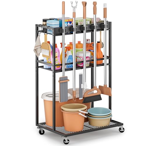 Broom Holder with Cleaning Supplies Organizer, Broom Closet Storage Cabinet with Mop Hanger Gripper Rack Hooks, Cleaning Housekeeping Janitorial Cart with Cleaning Caddy, Laundry Room Organization - size: Regular