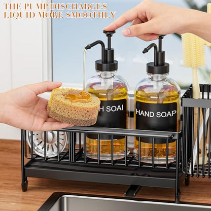 Kitchen Soap Dispenser Set with Sponge Holder and Towel Rack, 17OZ Glass Bottle, Hand and Dish Soap Dispenser Set, Non-Slip Silicone Pad, Brush Holder, Sink Organizer Countertop (Transparent) - color: Transparent