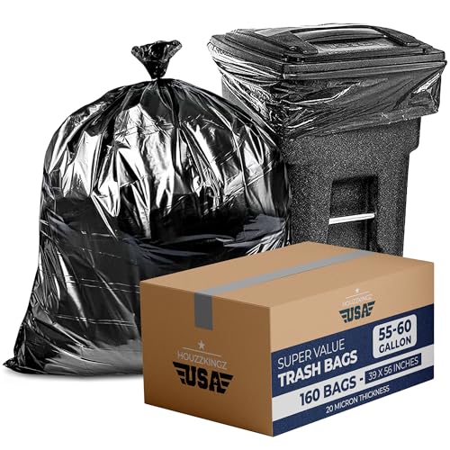 55 Gallon Large Trash Bags – 160 Mega Pack – 20 Micron Black Contractor Garbage Bags | Heavy Duty Lawn Leaf Yard Waste Bags | 55-60 Gallon Extra Large Construction Industrial Plastic Trash Can Liners - size: 1 Count (Pack of 160)