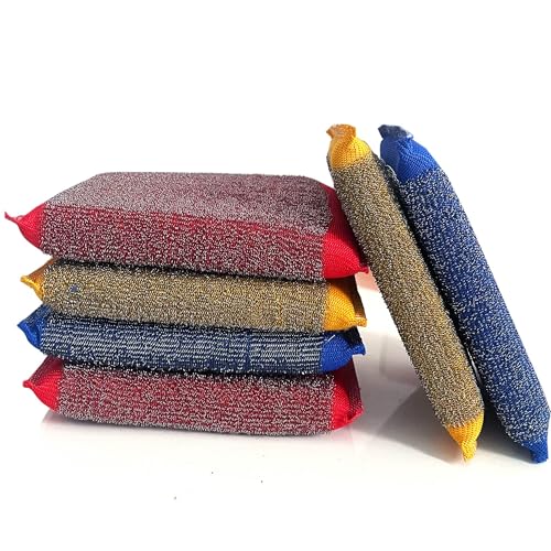 Steel Wool Scrubber Kitchen Sponges - 6 Pack Kitchen Dish Sponges Scrubbers, Non-Scratch Microfiber sponges for Cleaning, Pots and Pans Scrub Sponge - color: Multicolor