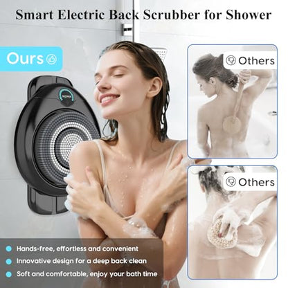 Electric Back Scrubber for Shower - Wall Mounted Exfoliating Brush, Hands-Free Automatic Body Scrubber, IPX7 Waterproof, 3-Speed Adjustment, 3 Replaceable Heads with 50pcs Disposable Shower Caps-Black - color: Black